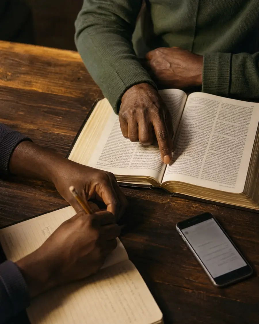 Readers following a passage in an open Bible and taking notes